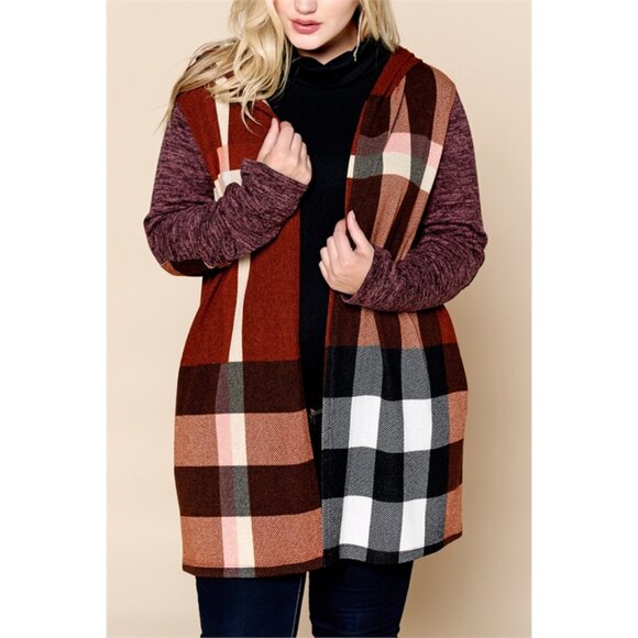 Plaid Hooded Cardigan Sweater Plus Sizes - Picture 1 of 6
